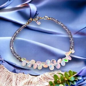 Handmade Natural Welo Opal and Tanzanite Bracelet Solid 14k Gold , 7.5" - 7.9"